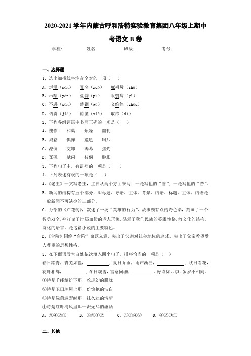 2020-2021学年内蒙古呼和浩特实验教育集团八年级上期中考语文B卷