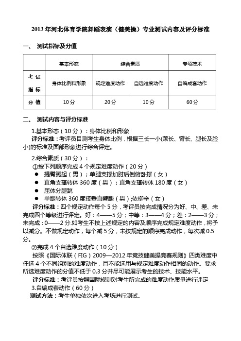 2013年河北体育学院舞蹈表演(健美操)专业测试内容及评分标准