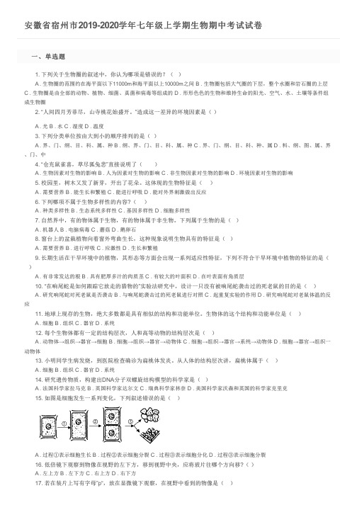 安徽省宿州市2019-2020学年七年级上学期生物期中考试试卷及参考答案