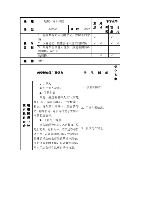 苏教版语文七年级下册第一单元诵读欣赏《题破山寺后禅院》word教案