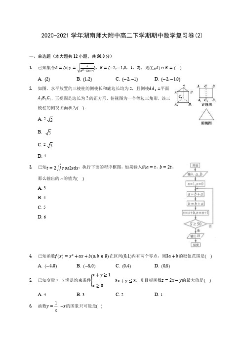 2020-2021学年湖南师大附中高二下学期期中数学复习卷(2)(含解析)