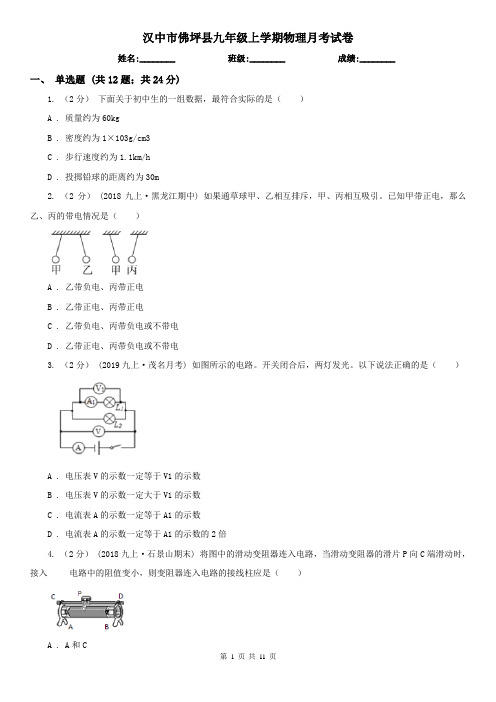 汉中市佛坪县九年级上学期物理月考试卷