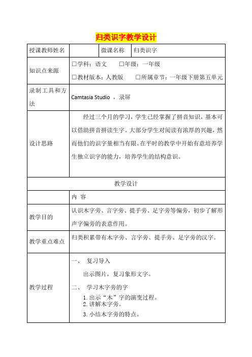 小学一年级语文     归类识字教学设计