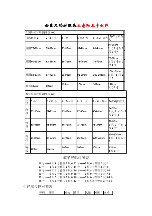 最全女装尺码对照表