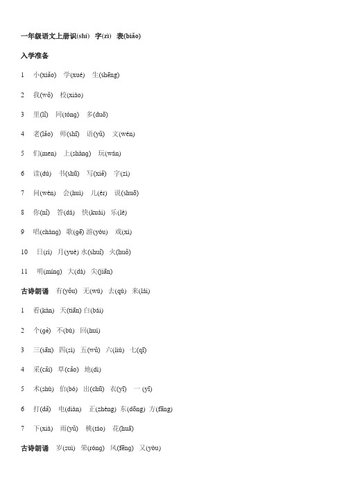 沪教版一年级语文上册识字表
