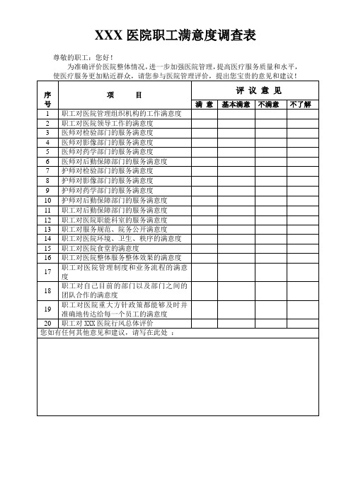 医院职工满意度调查表最新完整版