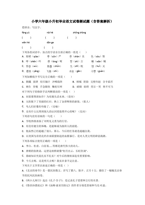 小学六年级小升初毕业语文试卷测试题(含答案解析)