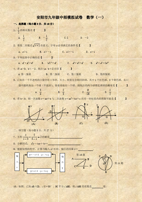 河南省安阳市九年级中考模拟试卷(数学).doc