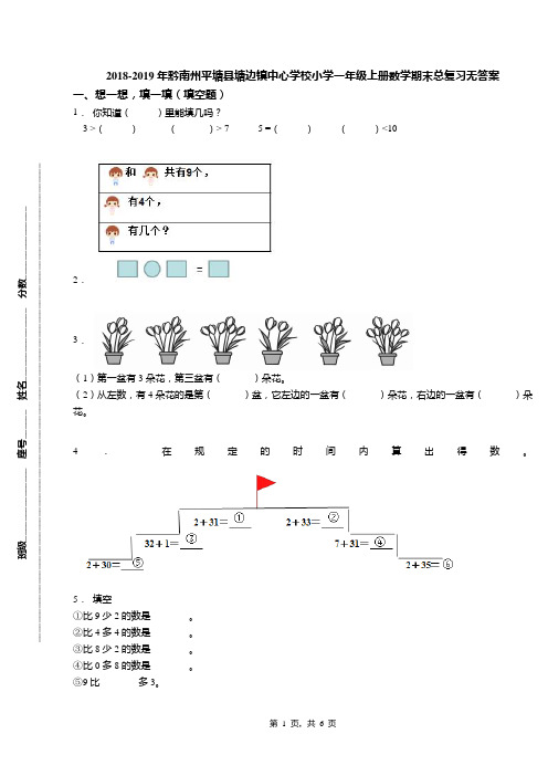 2018-2019年黔南州平塘县塘边镇中心学校小学一年级上册数学期末总复习无答案