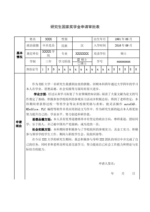 研究生国家奖学金申请审批表样表