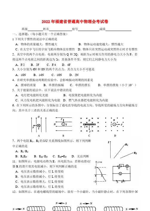 2022年福建省普通高中物理会考试卷