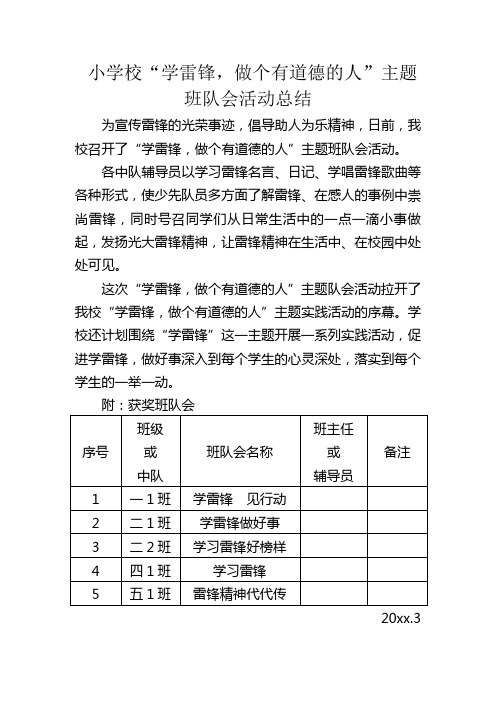 小学校学雷锋做有道德的人  主题班队会总结