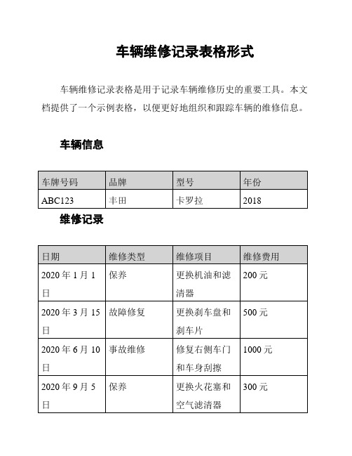 车辆维修记录表格形式