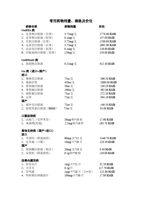 IVF常用药物规格及价位