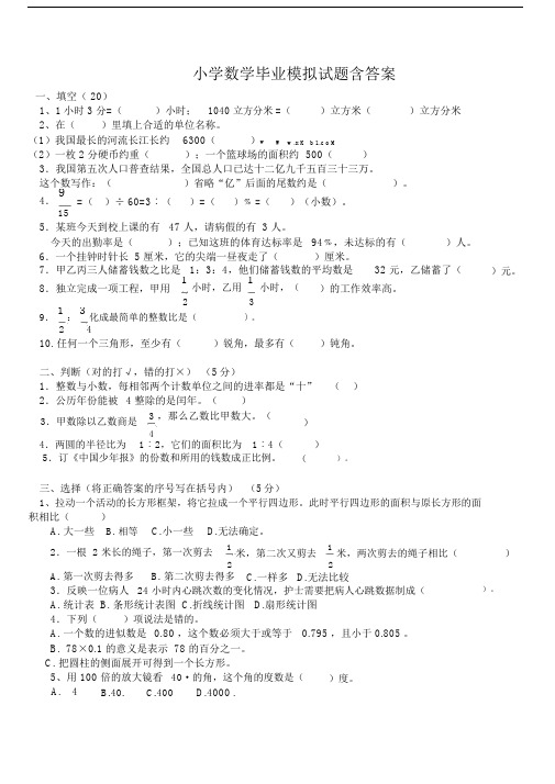 小学数学毕业模拟试卷试题包括含答案.docx