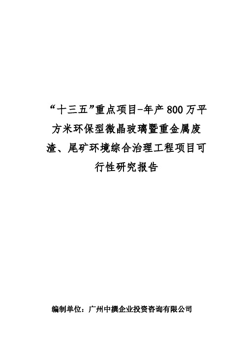 “十三五”重点项目-年产800万平方米环保型微晶玻璃暨重金属废渣、尾矿环境综合治理工程项目可行性研究报告