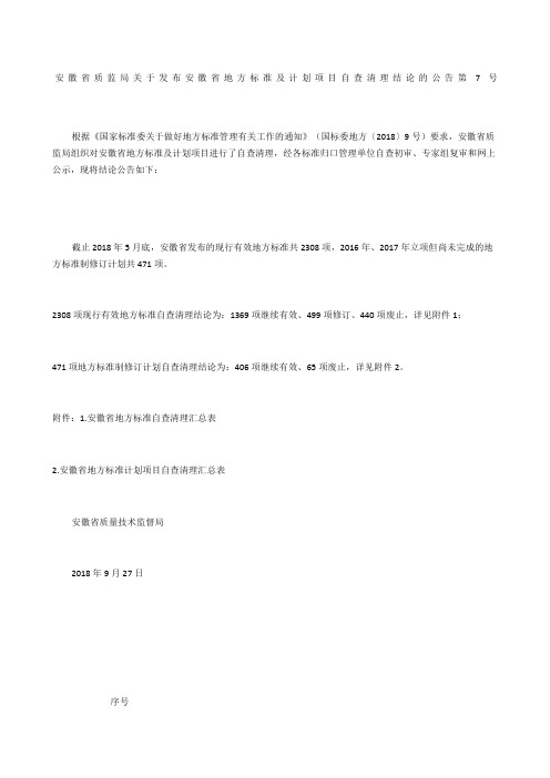 安徽省质监局关于发布安徽省地方标准及计划项目自查清理结论的公告 第号