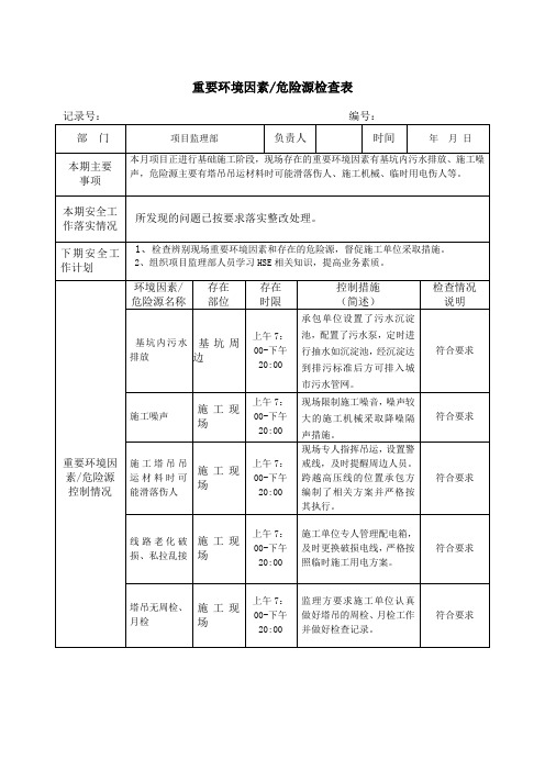 HSE重要环境因素危险源检查表