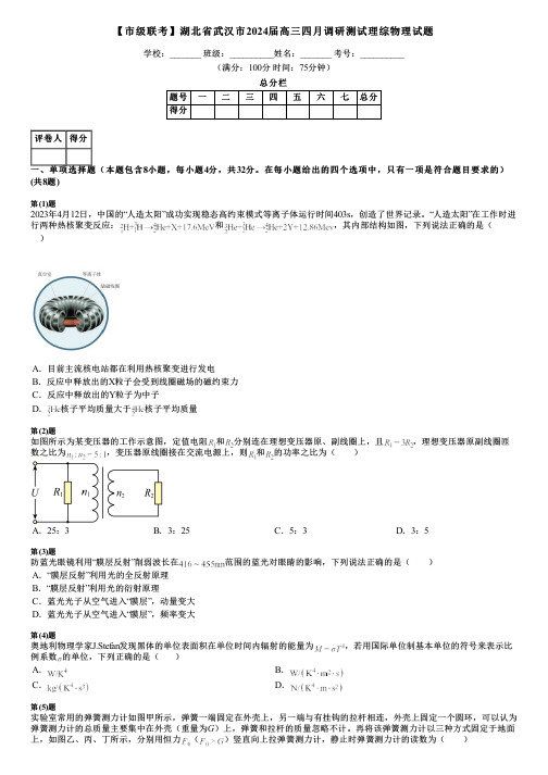 【市级联考】湖北省武汉市2024届高三四月调研测试理综物理试题