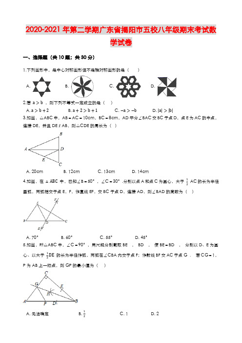 2020-2021年第二学期广东省揭阳市五校八年级期末考试数学试卷含答案
