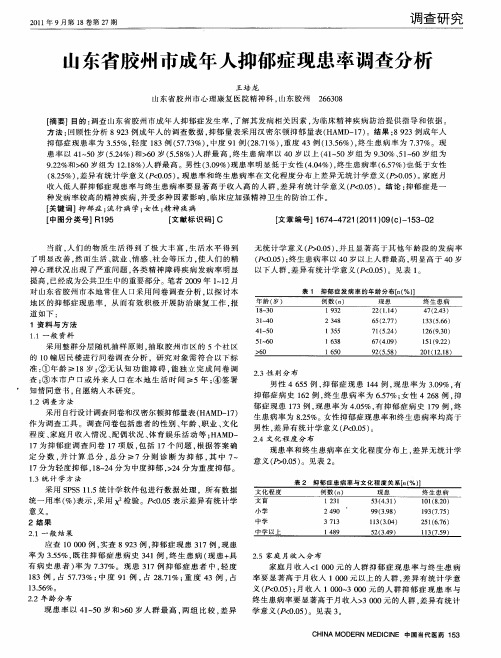 山东省胶州市成年人抑郁症现患率调查分析