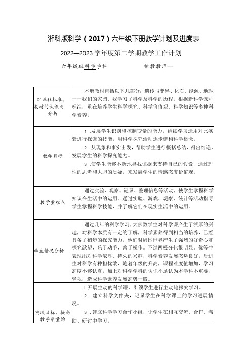 湘科版科学()六年级下册教学计划及进度表