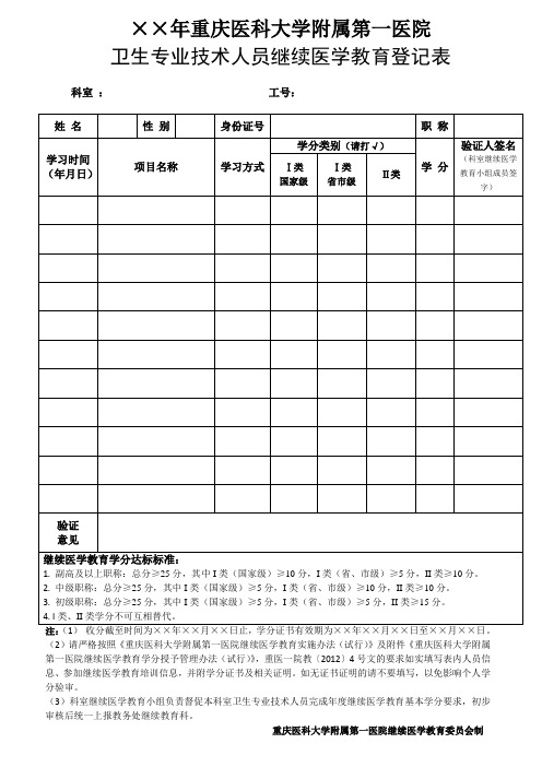 卫生专业技术人员继续医学教育登记表