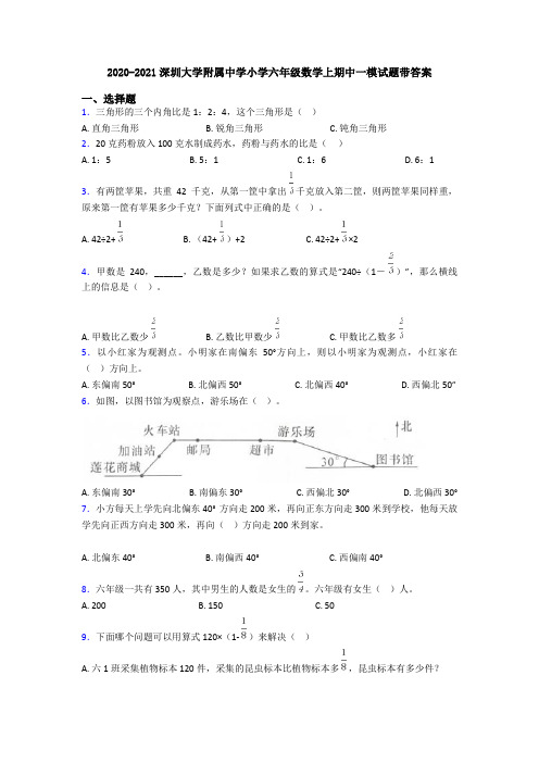 2020-2021深圳大学附属中学小学六年级数学上期中一模试题带答案