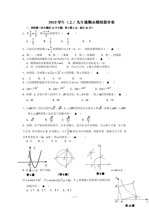 浙江省嘉兴市秀洲区新塍镇中学2014届九年级上期末模拟数学试题及答案