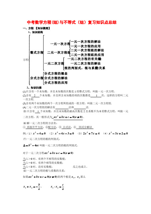 届中考数学方程(组)与不等式(组)复习知识点总结及经典考题选编