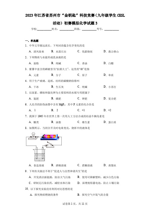 2023年江苏省苏州市“金钥匙”科技竞赛(九年级学生CESL活动)初赛模拟化学试题3