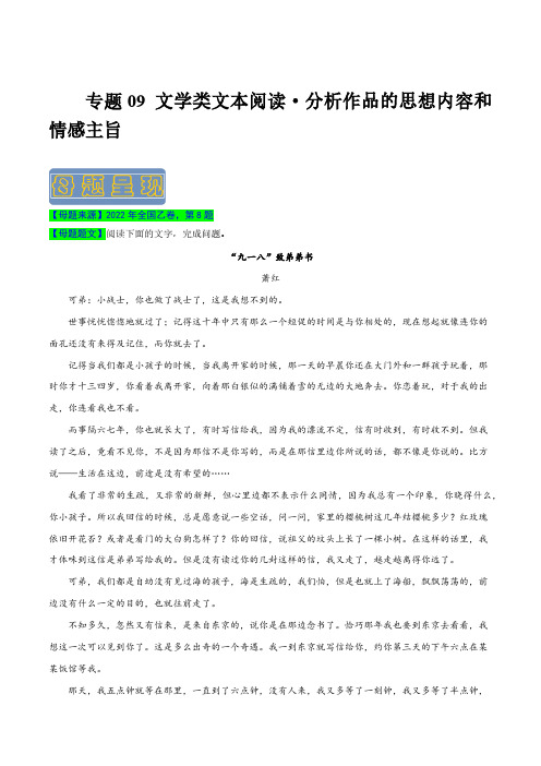 专题09 文学类文本阅读之分析作品的思想内容和情感主旨-备战2023年高考语文母题题源解密(解析版)