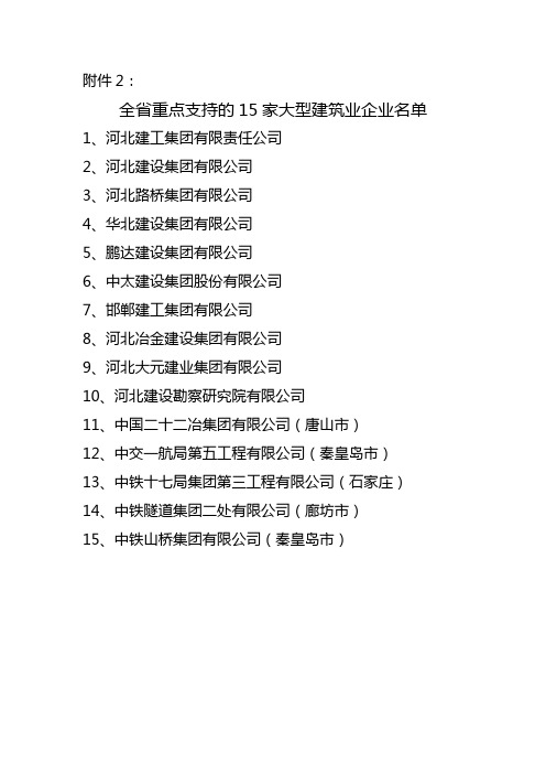 河北省重点支持的15家大型建筑业企业名单