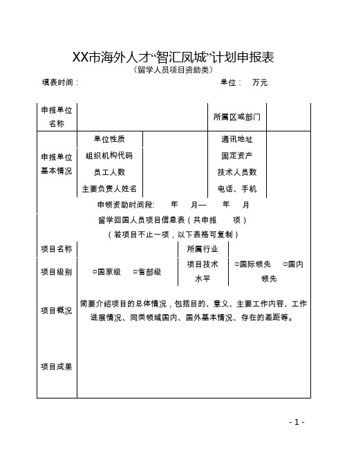 市海外人才“智汇凤城”计划申报表(留学人员项目资助类)【模板】