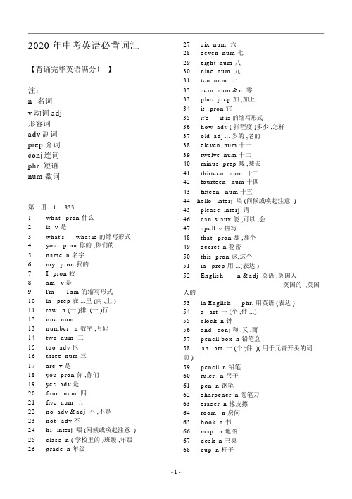 2020中考必考必备英语词汇表