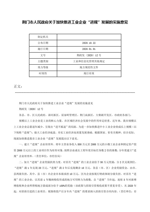 荆门市人民政府关于加快推进工业企业“进规”发展的实施意见-荆政发〔2020〕12号