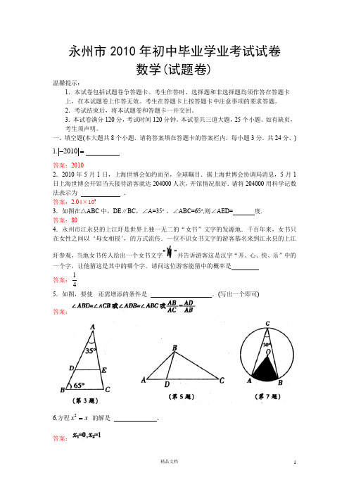 【2010年】永州市初中毕业学业考试试卷(word答案扫描)