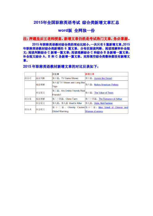 2015年全国职称英语考试 综合类新增文章汇总 考试重点内容 word版 全网独一份 改