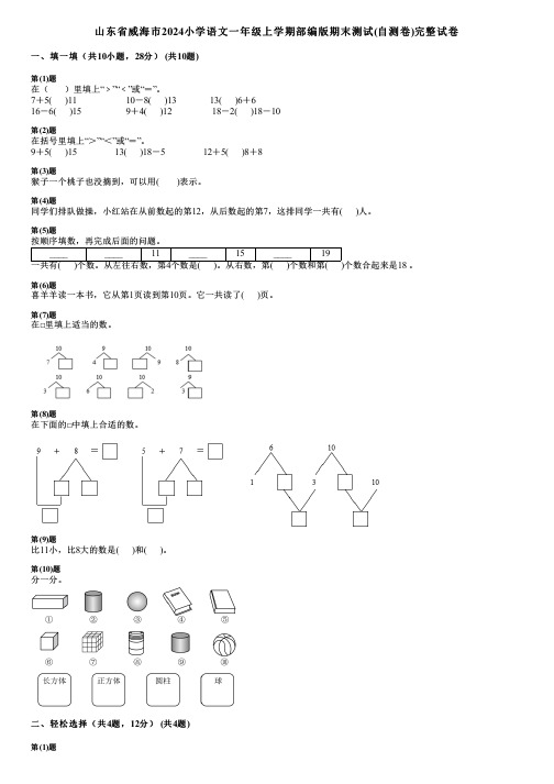 山东省威海市2024小学数学一年级上学期部编版期末测试(自测卷)完整试卷