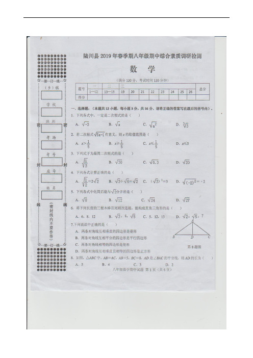 广西玉林市陆川县2018-2019学年八年级下学期期中考试数学试题(扫描版)