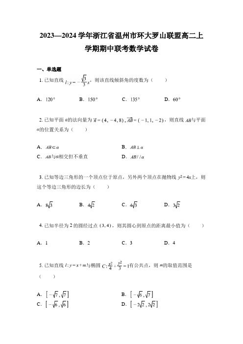 2023—2024学年浙江省温州市环大罗山联盟高二上学期期中联考数学试卷