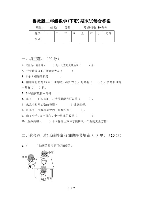 鲁教版二年级数学(下册)期末试卷含答案