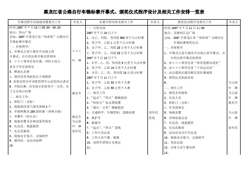 黑龙江省公路自行车锦标赛开幕式、颁奖仪式程序设计及相关工作安排一览表