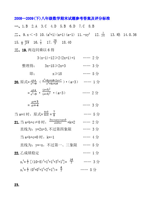 20082009(下)八年级数学期末试题参考答案及评分标准