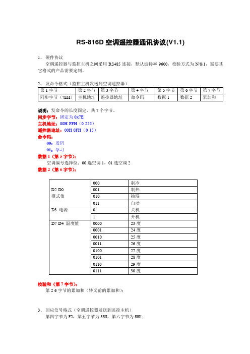 RS-816D空调遥控器通讯协议(V1.1)