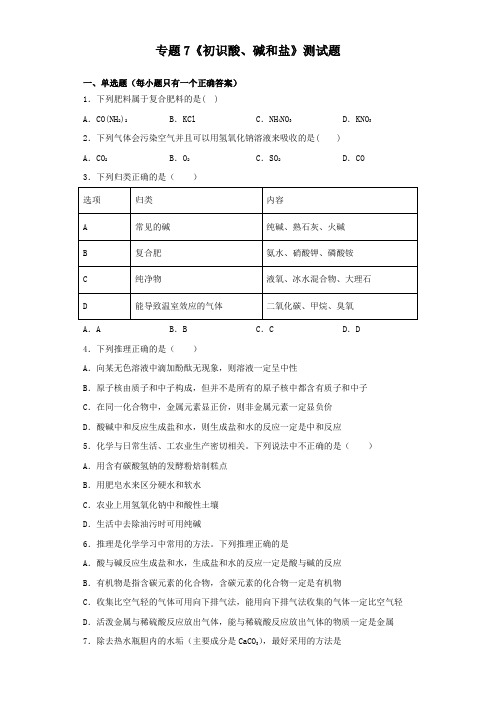 仁爱版化学九年级下册专题7《初识酸、碱和盐》测试题(含答案)