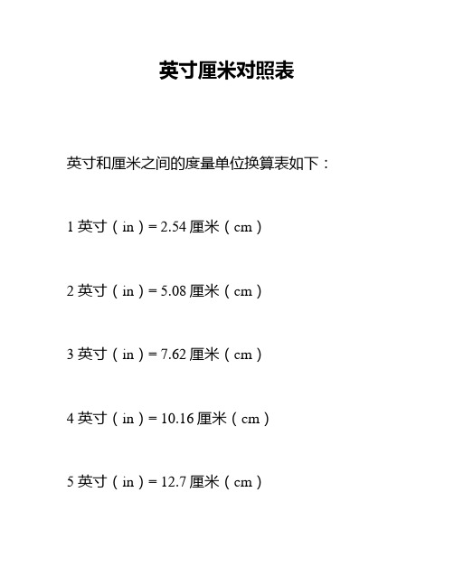 英寸厘米对照表