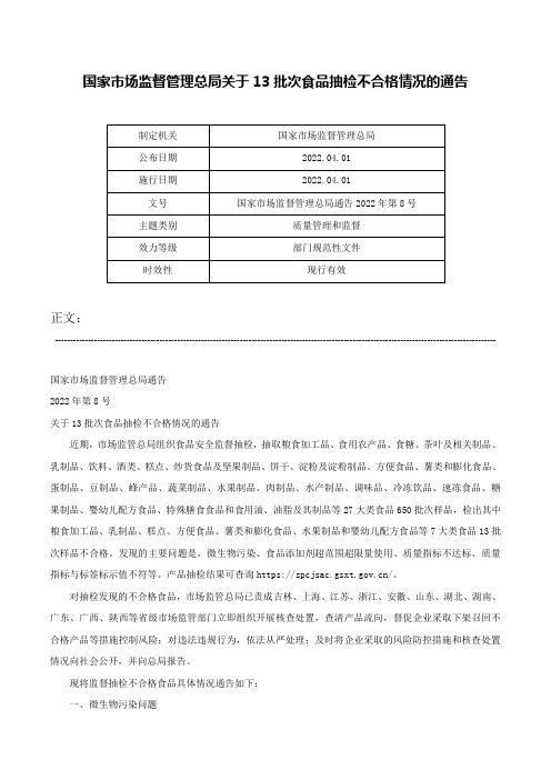 国家市场监督管理总局关于13批次食品抽检不合格情况的通告-国家市场监督管理总局通告2022年第8号