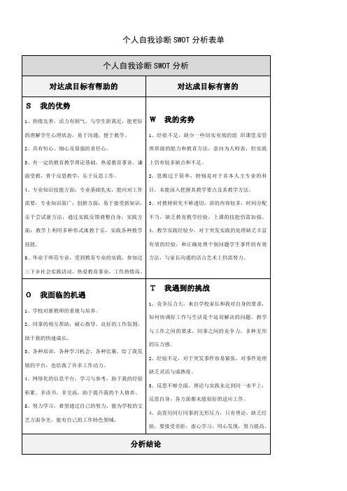 教师个人自我诊断SWOT分析表