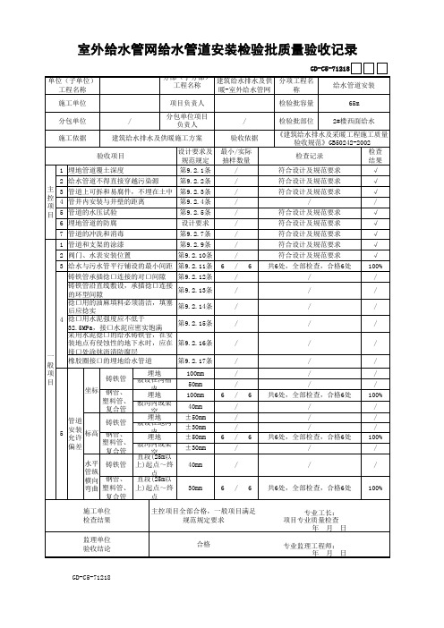 室外给水管网给水管道安装检验批质量验收记录填写范例